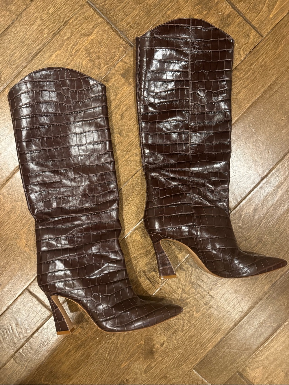SCHUTZ Chocolate Brown Croc Embossed Knee High Boots Size 11